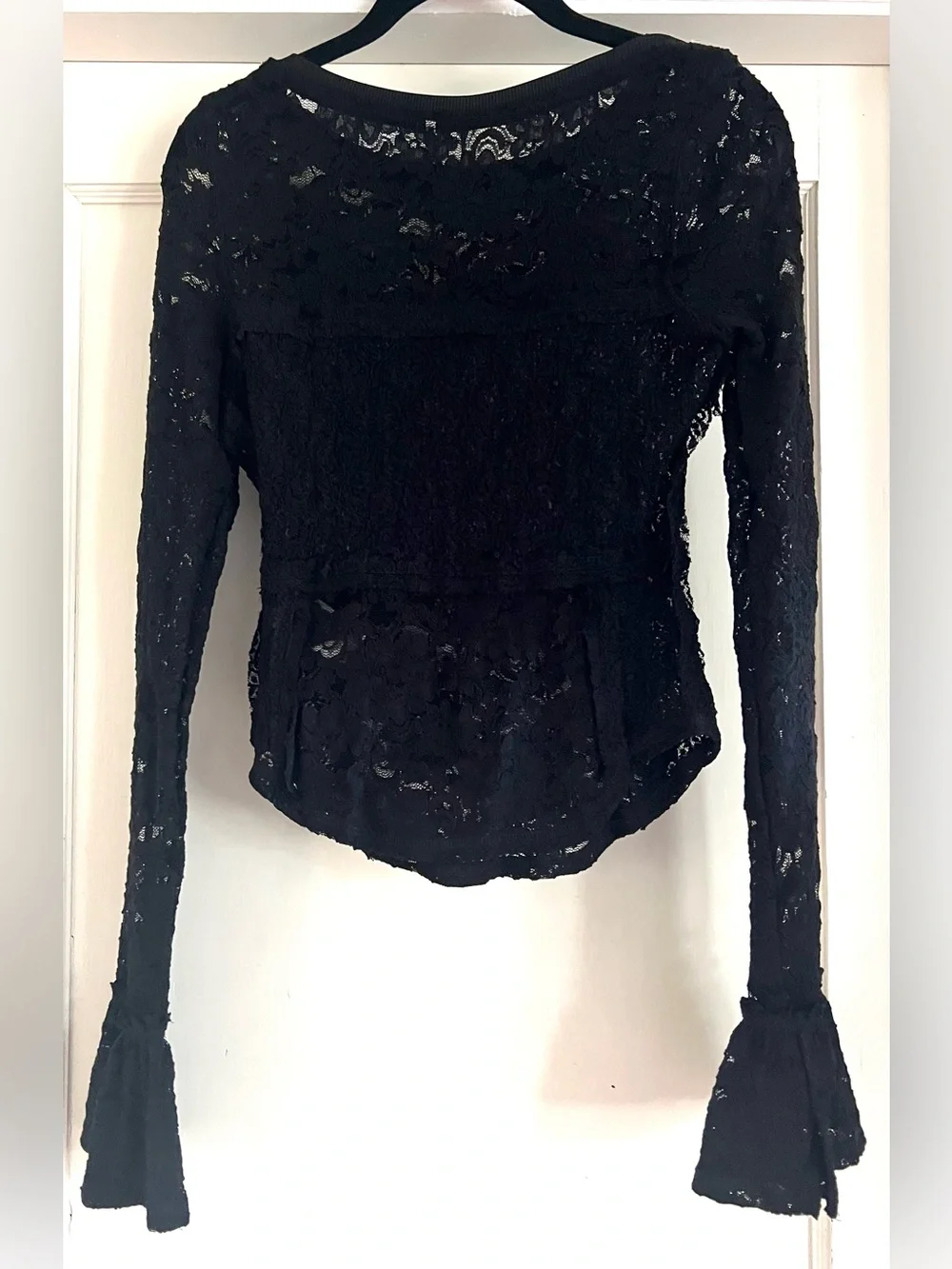 Free People Sheer Lace Flared Long Sleeve Top in Black Size XSmall NWT